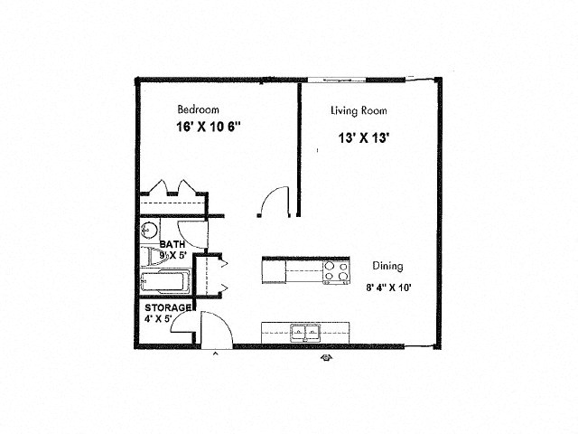 Floor plan for 1 bed, 1 bath, 740 sqft